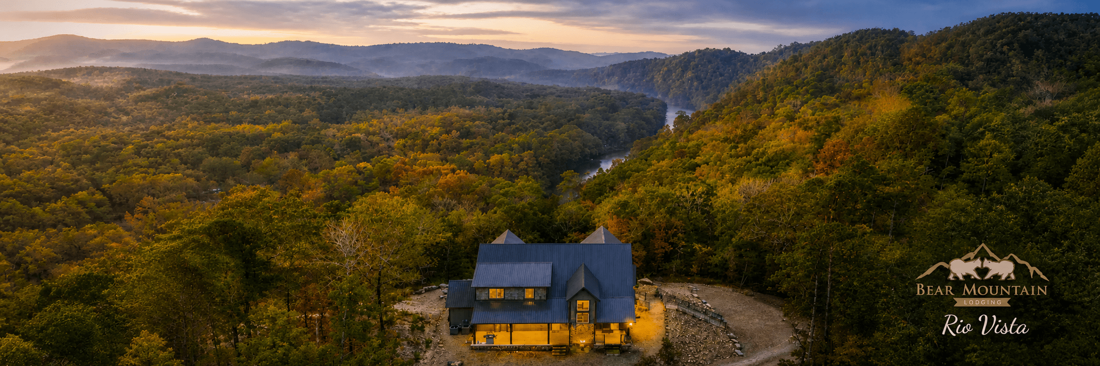 Scenic view of Hochatown Oklahoma with forest, lake, and cabin